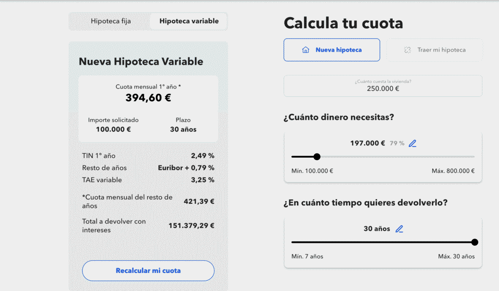captura del simulador hipoteca myinvestor para una hipoteca mixta de 250000€