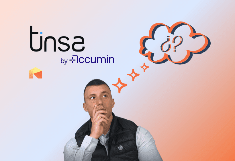 Imagen promocional de Tinsa by Accumin con un hombre pensativo y un icono de interrogación, sobre un fondo degradado en tonos azul y naranja.