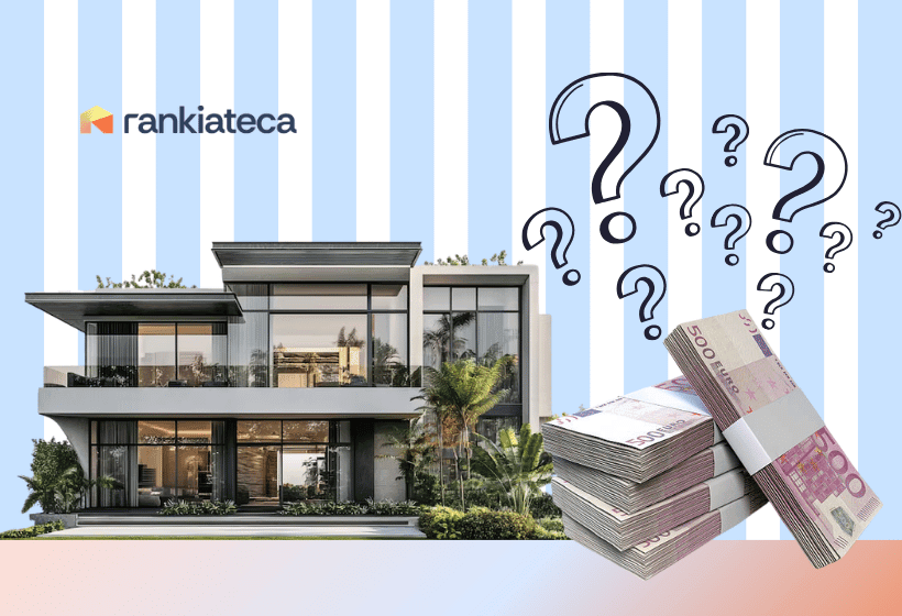 Imagen ilustrativa sobre cuánto cuesta comprar una casa de 300.000 euros, con una vivienda, billetes de 500 euros y signos de interrogación.